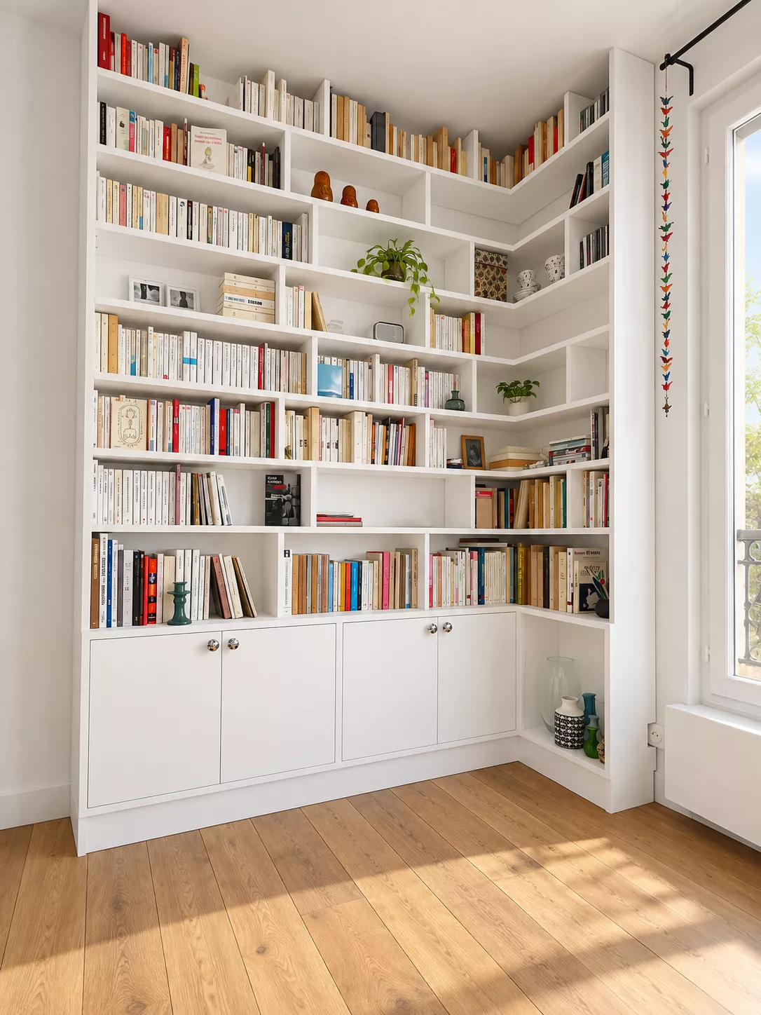 Bibliothèque blanche toute hauteur garnie de livres
