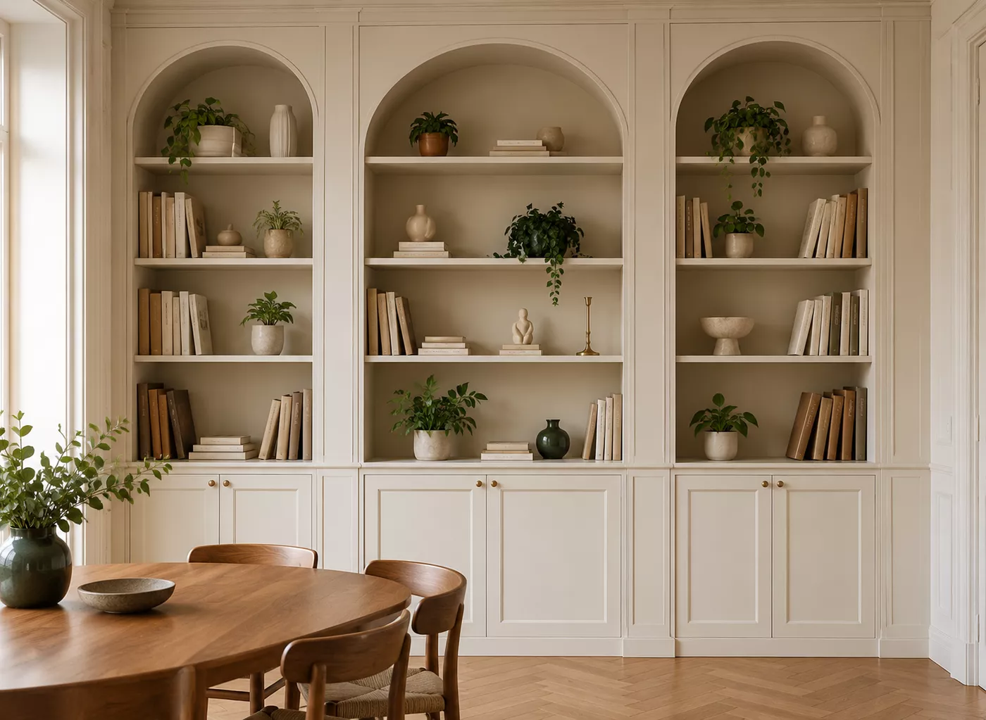 Bibliothèque sur mesure à niches cintrées et rangements bas fermés, dans une salle à manger