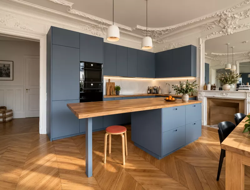 Cuisine sur mesure bleue avec &icirc;lot central et plan de travail en bois