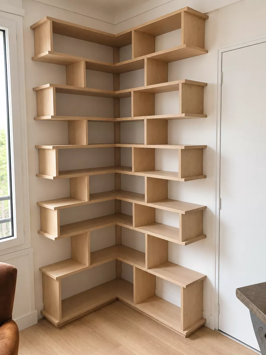 Biblioth&egrave;que d&rsquo;angle en bouleau &eacute;pousant deux murs
