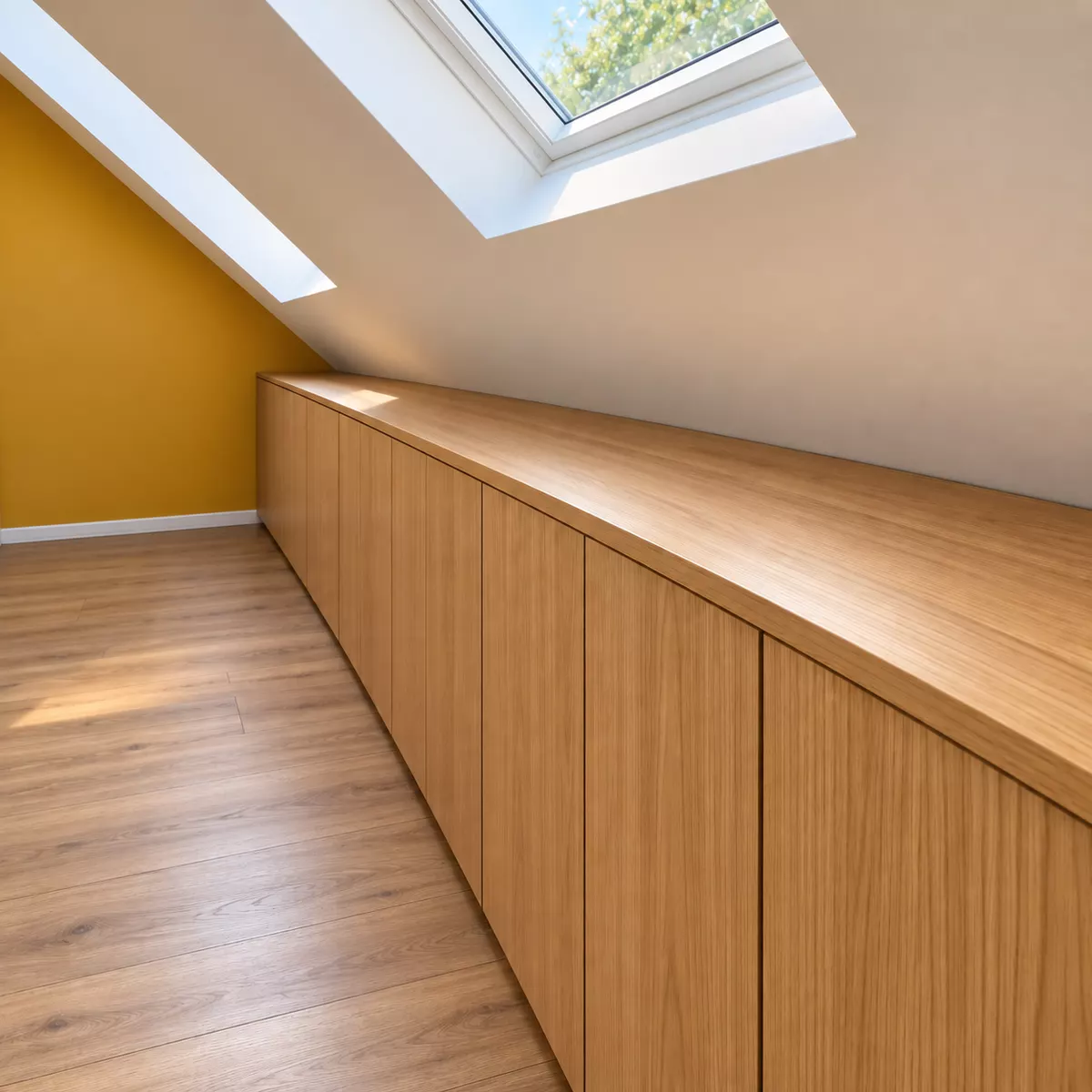 Meuble bas en chêne installé sur toute la longueur sous une fenêtre