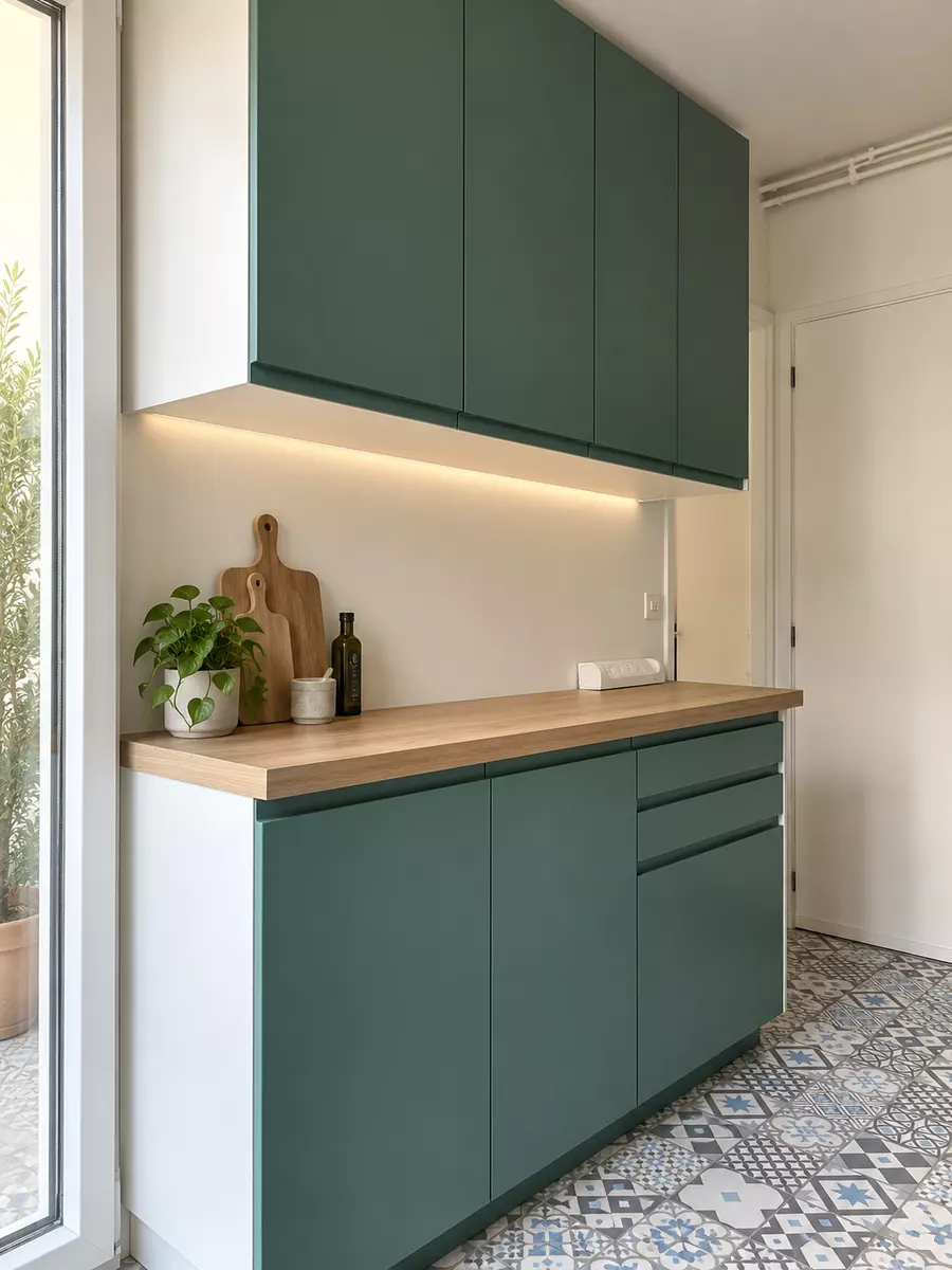 Meuble de cuisine vert foncé avec éclairage LED intégré